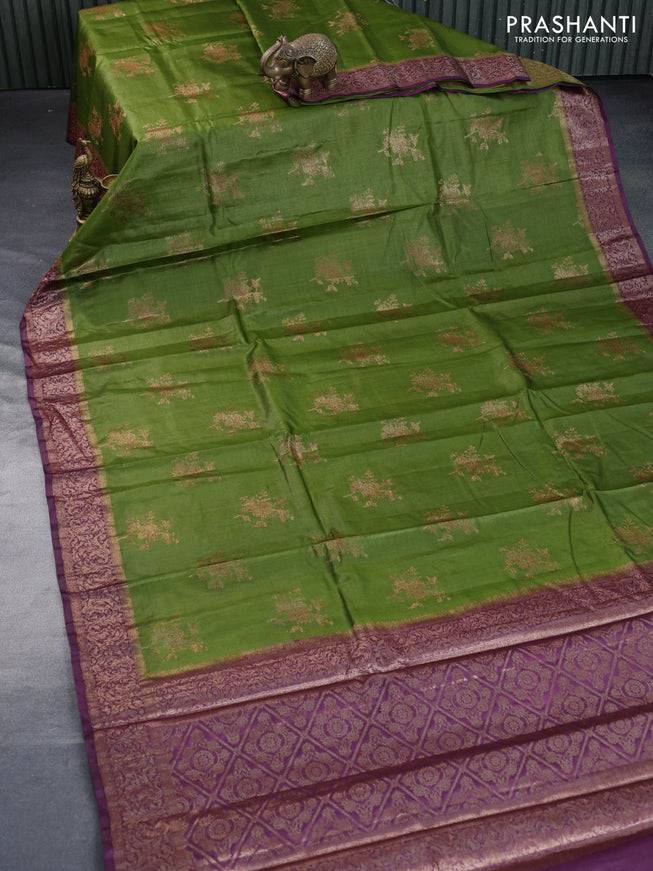 Banarasi tussar silk saree mehendi green and wine shade with thread & zari woven buttas and woven border