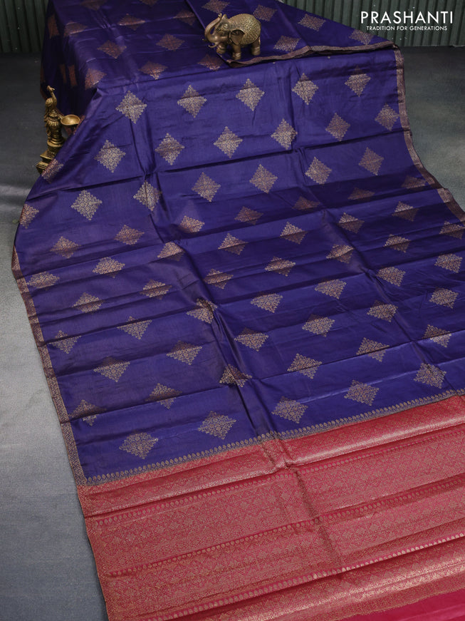 Banarasi tussar silk saree blue and maroon with thread & zari woven buttas and woven border