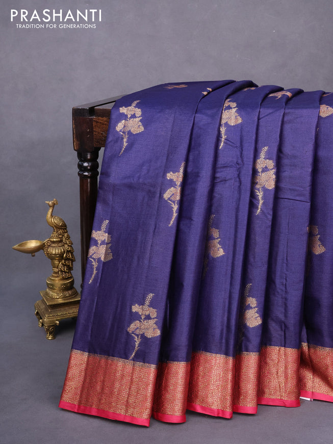 Banarasi tussar silk saree dark blue and red with thread & zari woven buttas and woven border