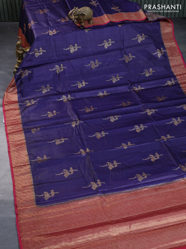 Banarasi tussar silk saree dark blue and red with thread & zari woven buttas and woven border