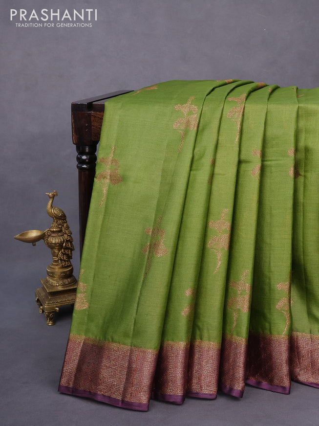 Banarasi tussar silk saree mehendi green and wine shade with thread & zari woven buttas and woven border