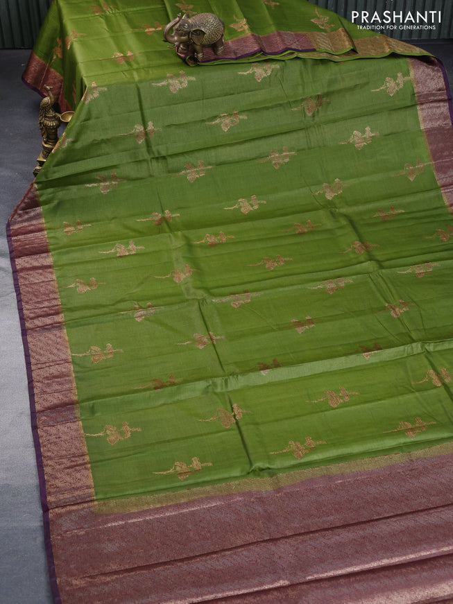 Banarasi tussar silk saree mehendi green and wine shade with thread & zari woven buttas and woven border