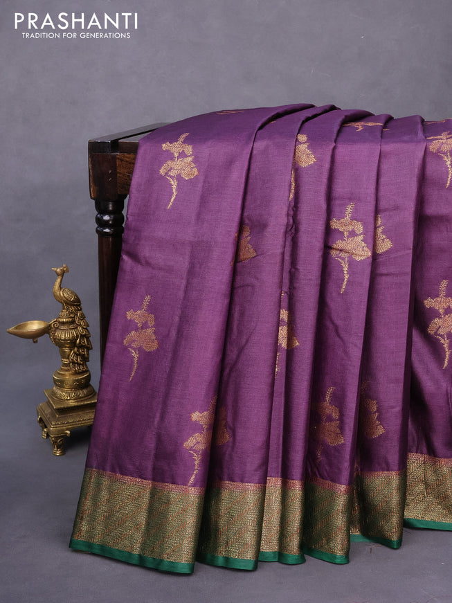 Banarasi tussar silk saree wine shade and green with thread & zari woven buttas and woven border