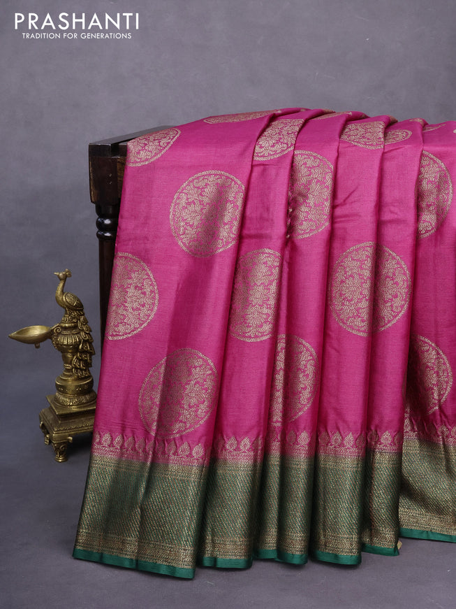 Banarasi tussar silk saree pink and green with thread & zari woven buttas and woven border