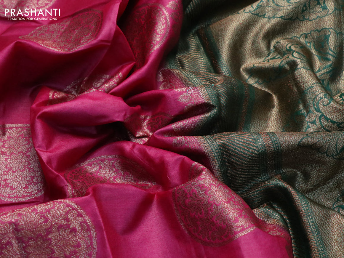 Banarasi tussar silk saree pink and green with thread & zari woven buttas and woven border