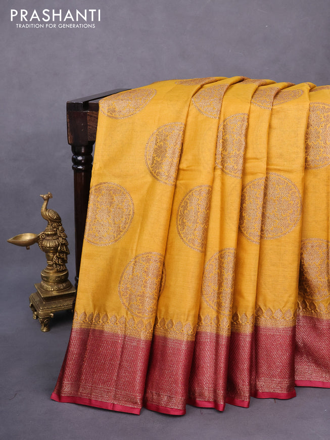 Banarasi tussar silk saree mustard yellow and maroon with allover thread & zari weaves and woven border