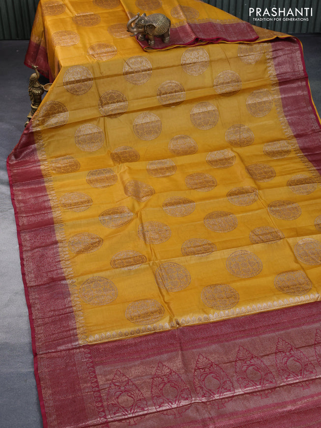 Banarasi tussar silk saree mustard yellow and maroon with allover thread & zari weaves and woven border