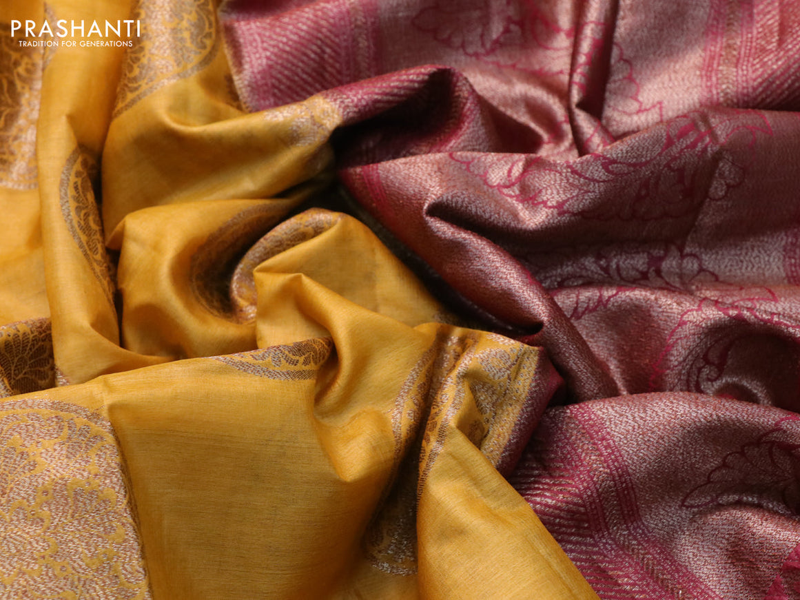 Banarasi tussar silk saree mustard yellow and maroon with allover thread & zari weaves and woven border