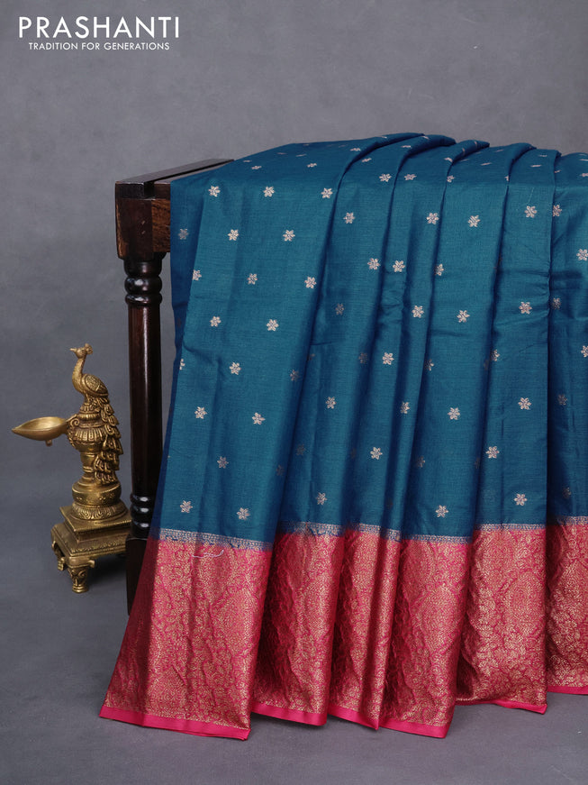 Banarasi tussar silk saree cs blue and pink with allover thread & zari weaves and woven border