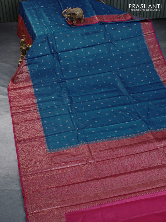 Banarasi tussar silk saree cs blue and pink with allover thread & zari weaves and woven border