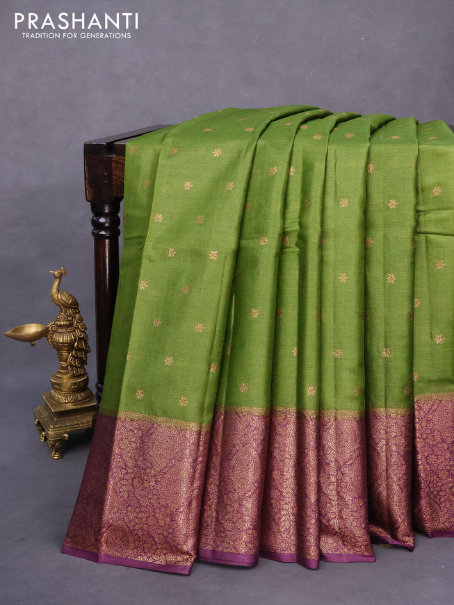 Banarasi tussar silk saree mehendi green and deep purple with allover thread & zari weaves and woven border