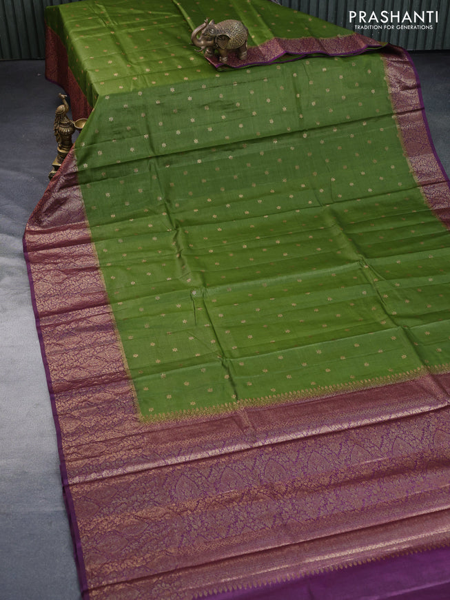 Banarasi tussar silk saree mehendi green and deep purple with allover thread & zari weaves and woven border