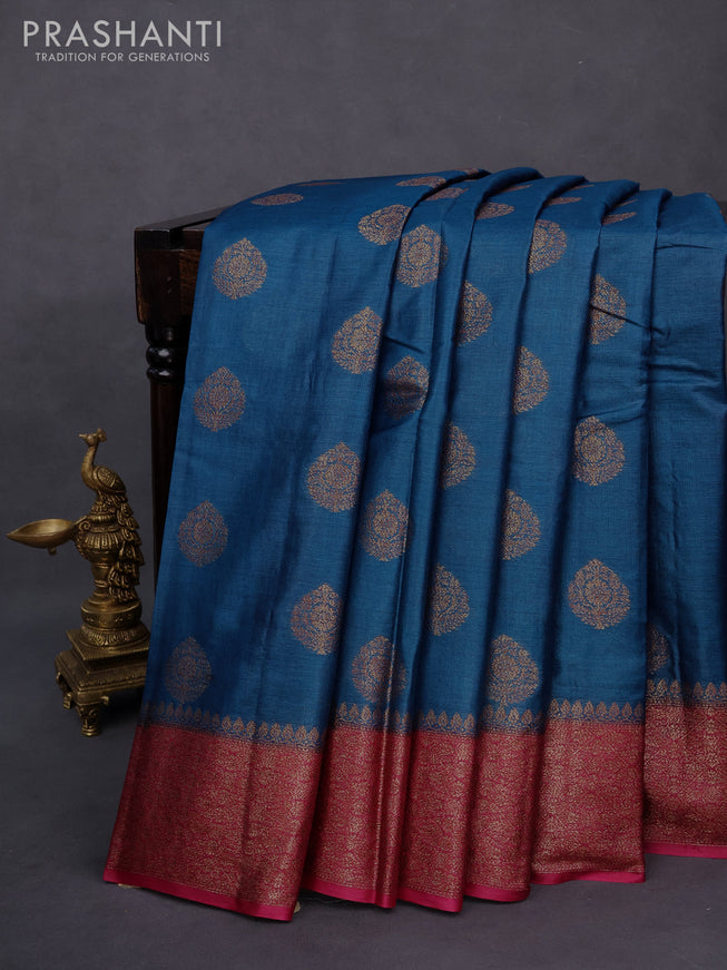 Banarasi tussar silk saree peacock blue and pink with allover thread & zari weaves and woven border