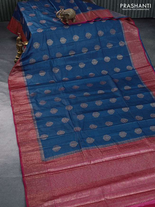 Banarasi tussar silk saree peacock blue and pink with allover thread & zari weaves and woven border