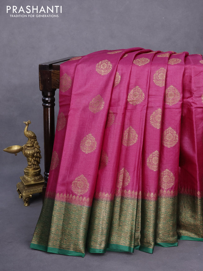 Banarasi tussar silk saree pink and green with allover thread & zari weaves and woven border