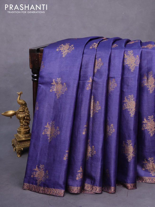 Banarasi tussar silk saree blue and maroon with allover thread & zari weaves and woven border