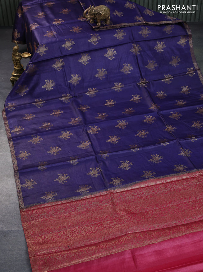 Banarasi tussar silk saree blue and maroon with allover thread & zari weaves and woven border