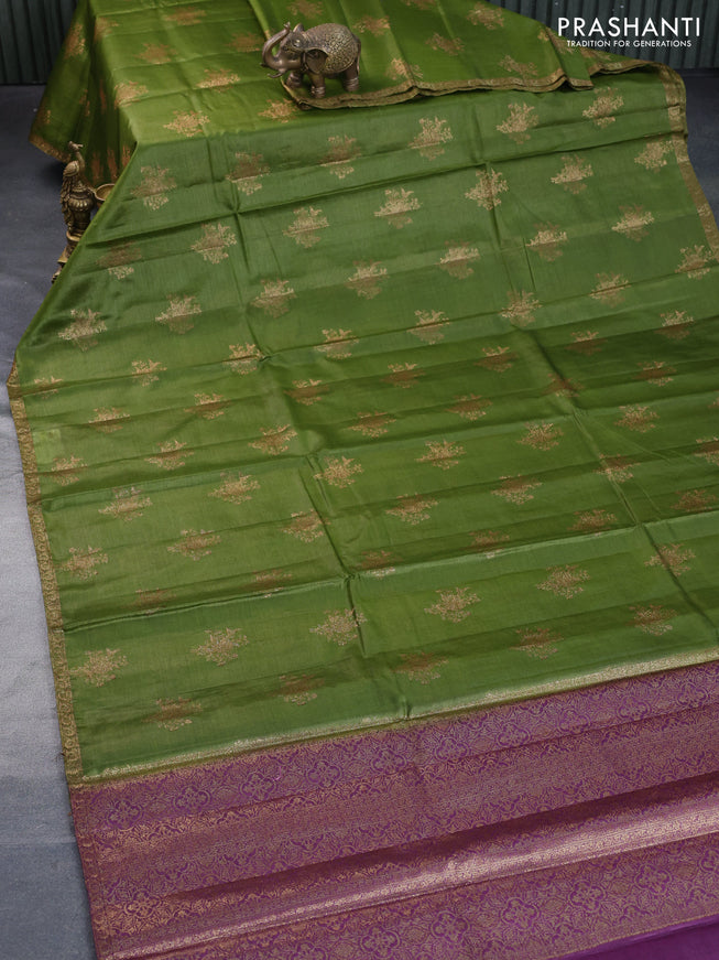 Banarasi tussar silk saree mehendi green and deep purple with allover thread & zari weaves and woven border