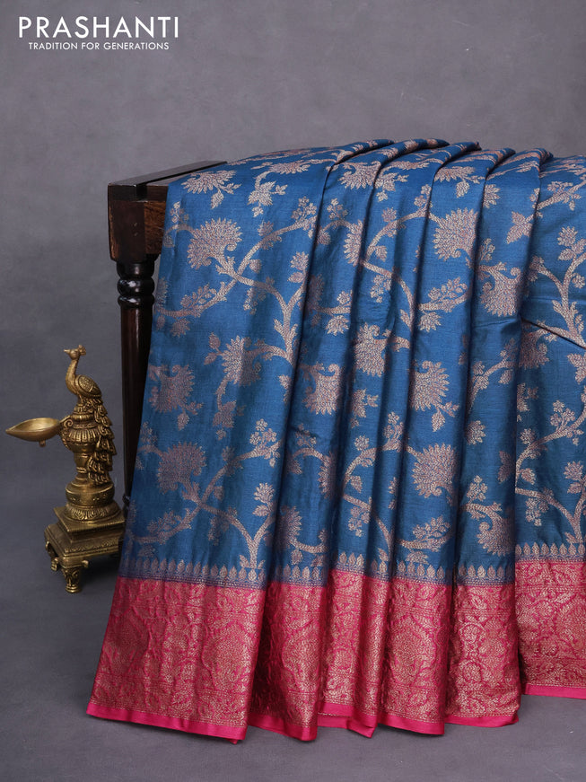 Banarasi tussar silk saree peacock blue and pink with allover thread & zari weaves and woven border