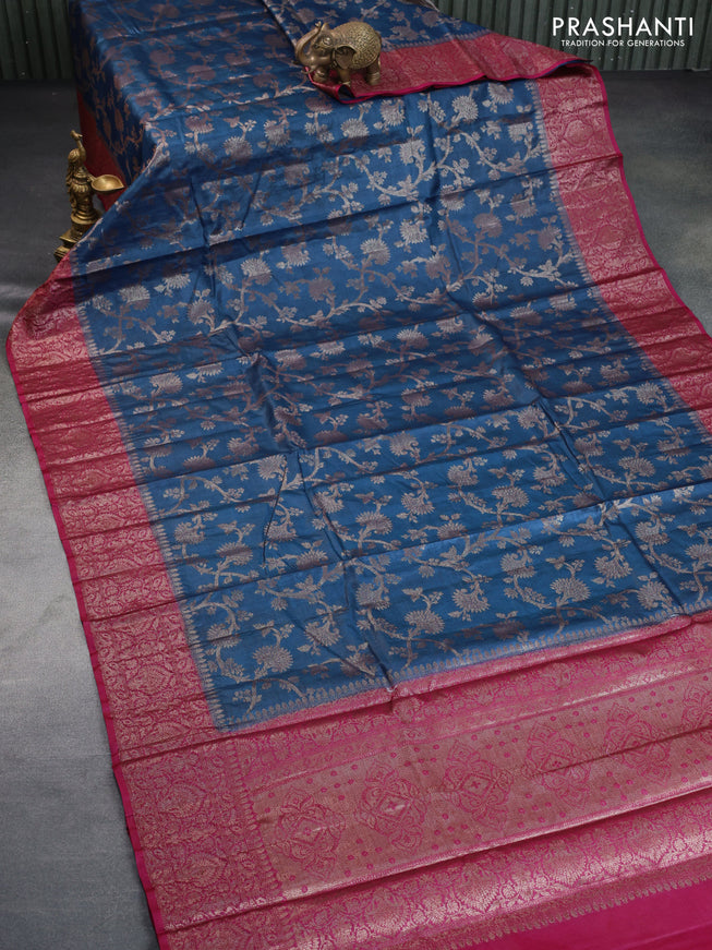 Banarasi tussar silk saree peacock blue and pink with allover thread & zari weaves and woven border