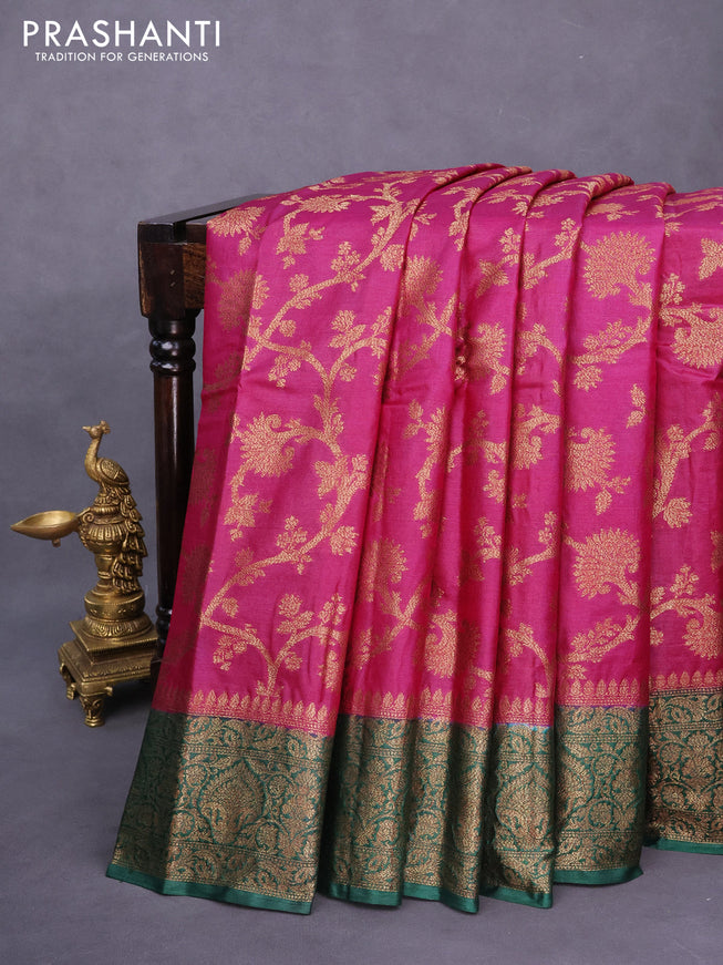 Banarasi tussar silk saree dark pink and green with allover thread & zari weaves and woven border