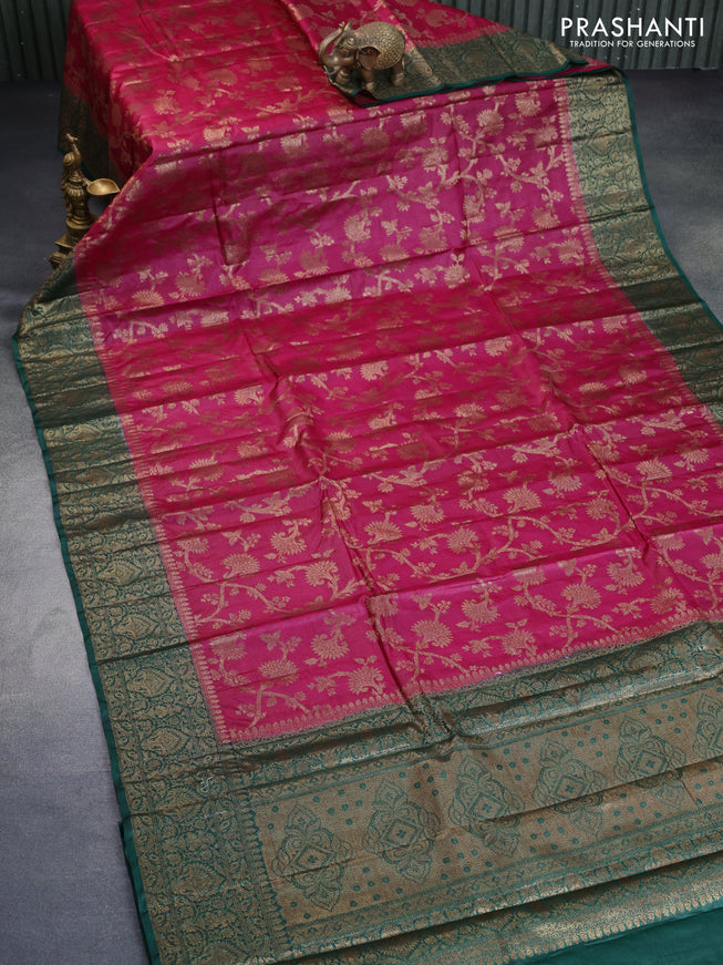 Banarasi tussar silk saree dark pink and green with allover thread & zari weaves and woven border