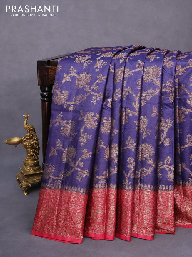 Banarasi tussar silk saree blue and maroon with allover thread & zari weaves and woven border