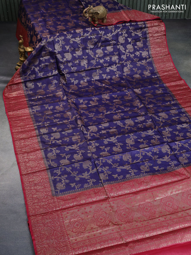 Banarasi tussar silk saree blue and maroon with allover thread & zari weaves and woven border