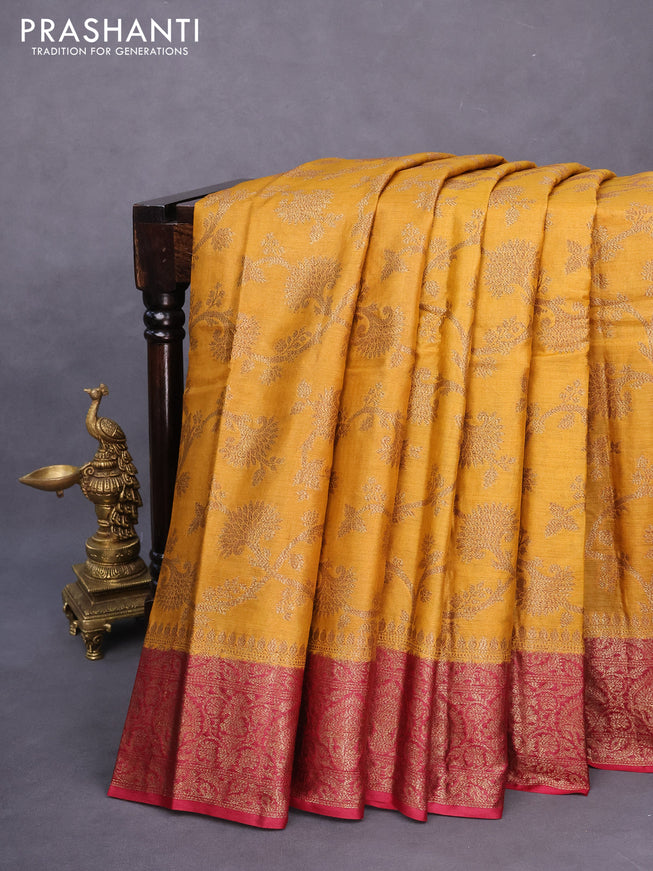 Banarasi tussar silk saree mustard yellow and maroon with allover thread & zari weaves and woven border