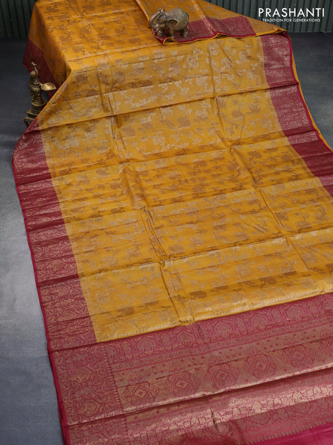 Banarasi tussar silk saree mustard yellow and maroon with allover thread & zari weaves and woven border