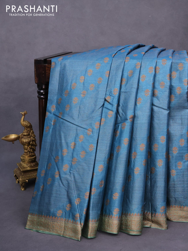 Banarasi tussar silk saree blue shade and pastel green with allover thread & zari weaves and woven border