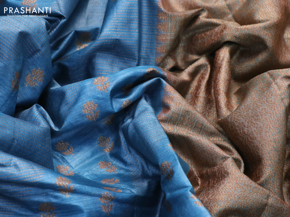 Banarasi tussar silk saree blue shade and pastel green with allover thread & zari weaves and woven border