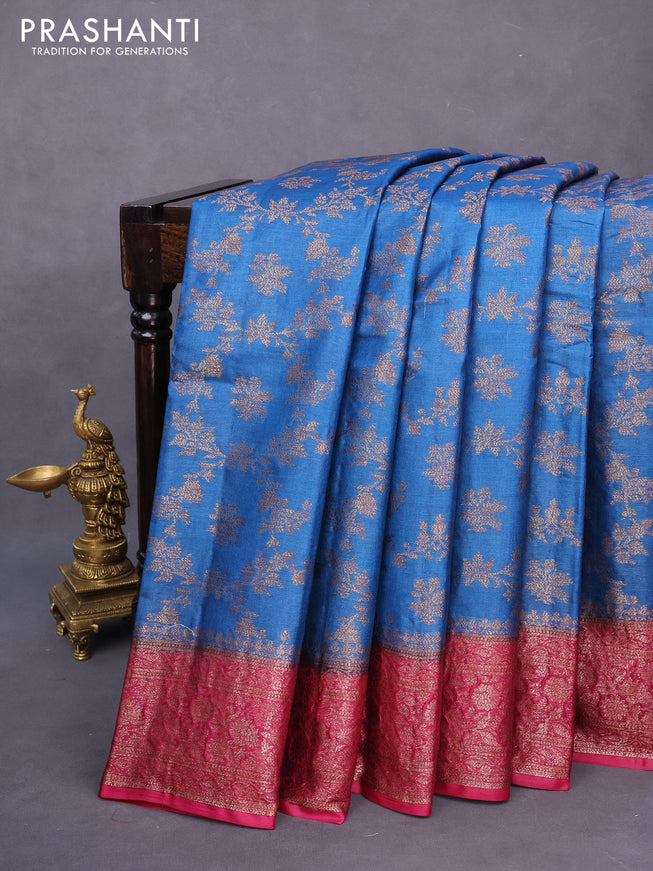 Banarasi tussar silk saree cs blue and pink with allover thread & zari weaves and woven border