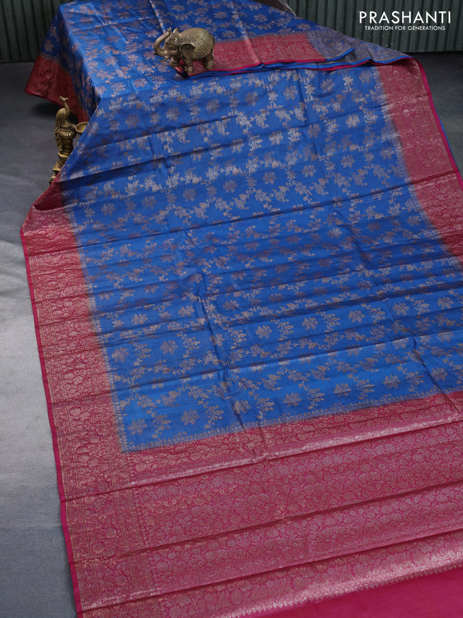 Banarasi tussar silk saree cs blue and pink with allover thread & zari weaves and woven border