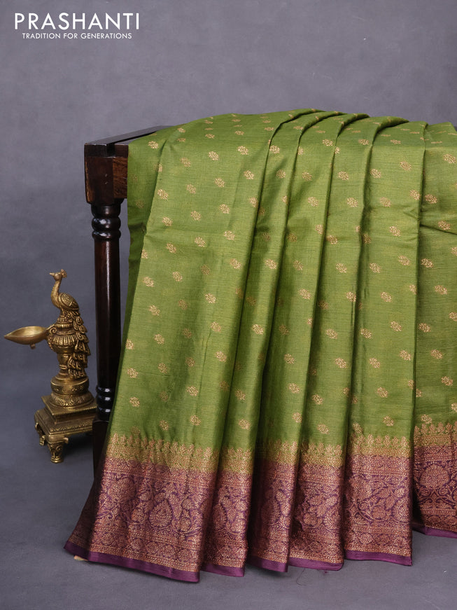 Banarasi tussar silk saree mehendi green and wine shade with thread & zari woven buttas and woven border