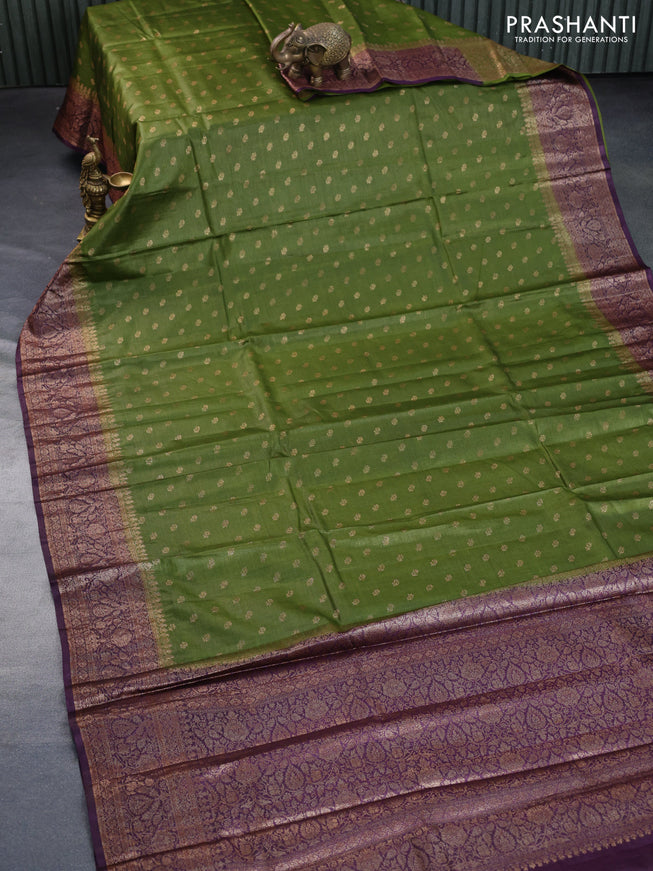 Banarasi tussar silk saree mehendi green and wine shade with thread & zari woven buttas and woven border