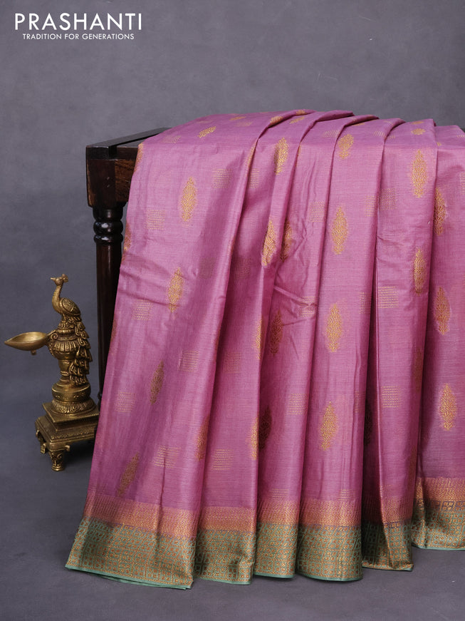 Banarasi tussar silk saree mauve pink and pastel green with thread & zari woven buttas and woven border