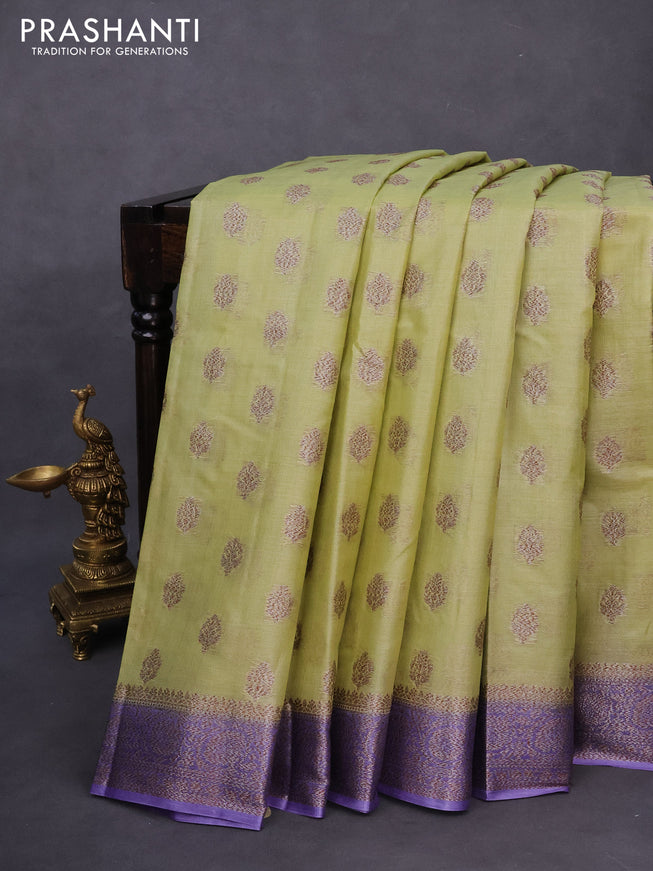 Banarasi tussar silk saree pista green and violet with thread & zari woven buttas and woven border