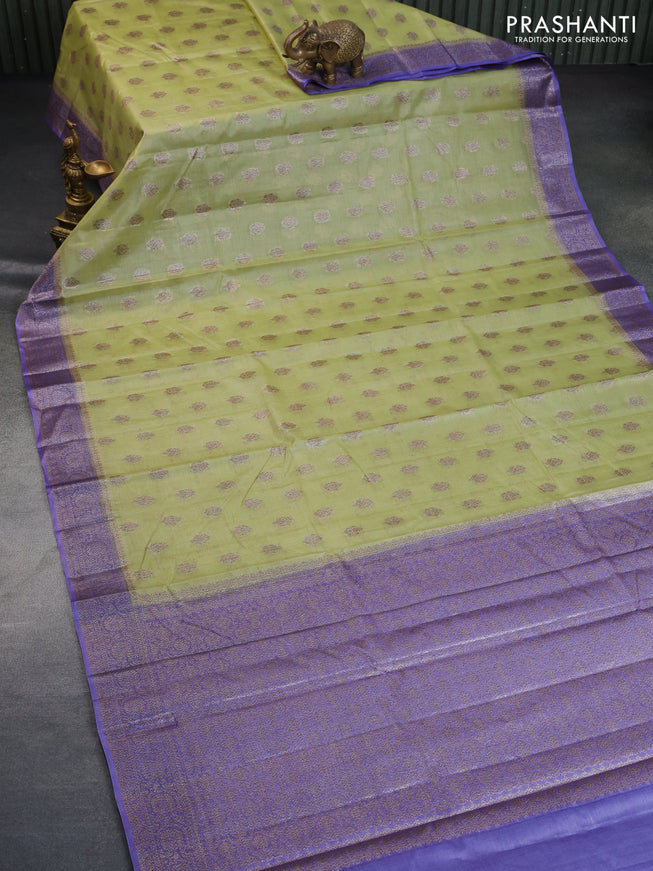 Banarasi tussar silk saree pista green and violet with thread & zari woven buttas and woven border