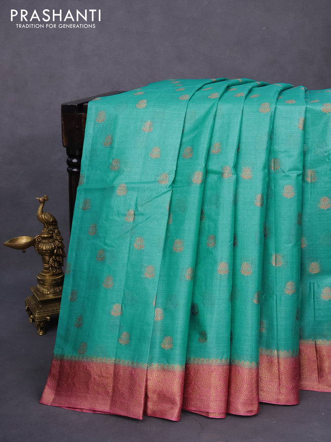 Banarasi tussar silk saree teal blue and pink with thread & zari woven buttas and woven border