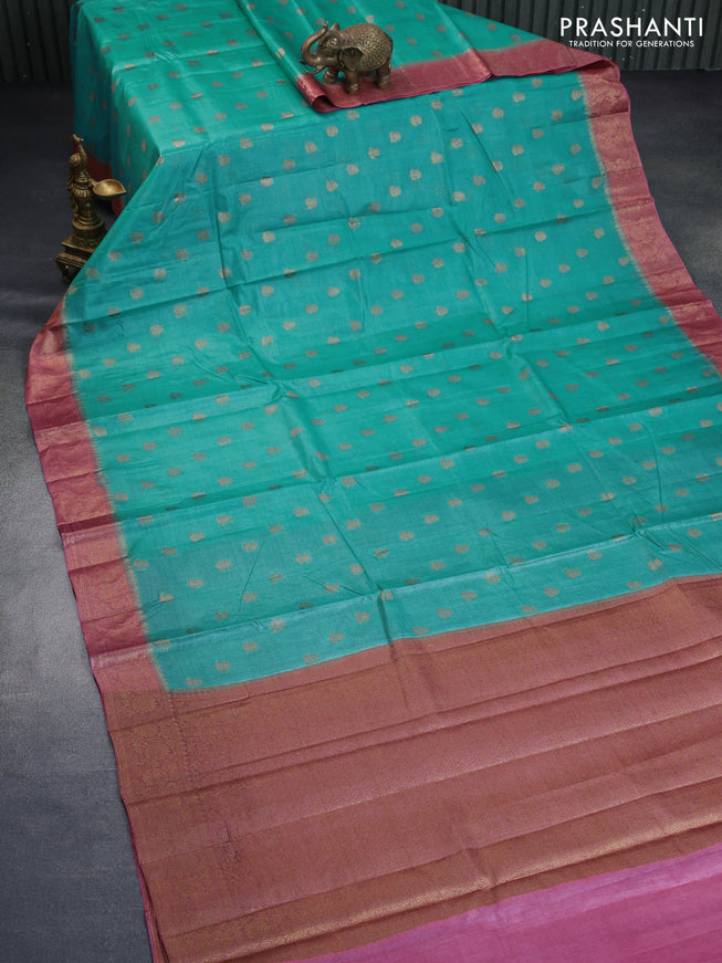 Banarasi tussar silk saree teal blue and pink with thread & zari woven buttas and woven border