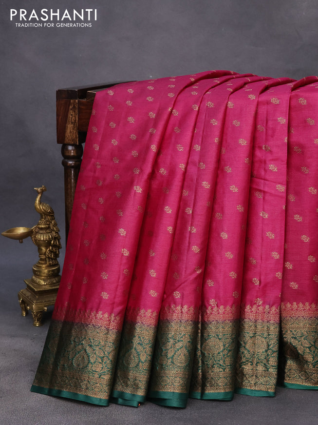 Banarasi tussar silk saree magenta pink and green with thread & zari woven buttas and woven border