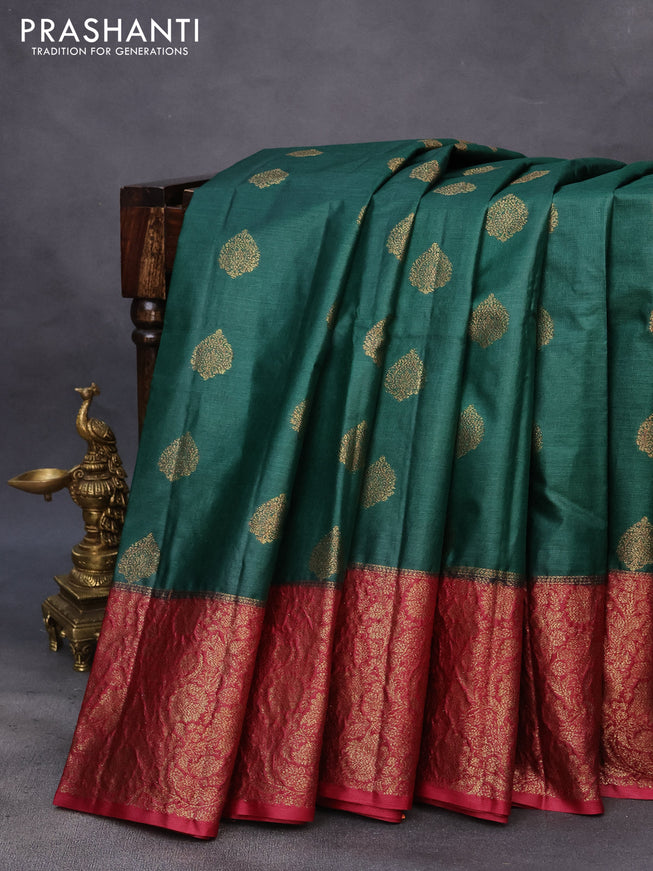 Banarasi tussar silk saree green and maroon with thread & zari woven buttas and woven border