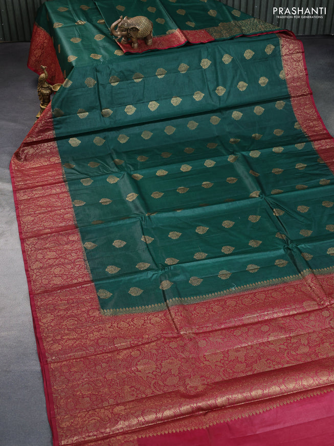 Banarasi tussar silk saree green and maroon with thread & zari woven buttas and woven border