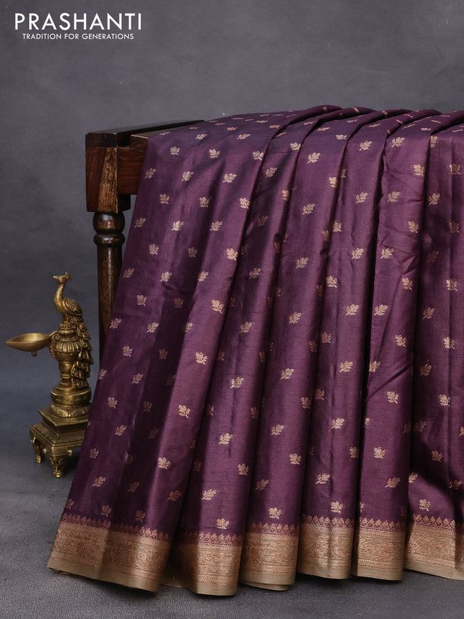 Banarasi tussar silk saree wine shade and beige with thread & zari woven buttas and woven border