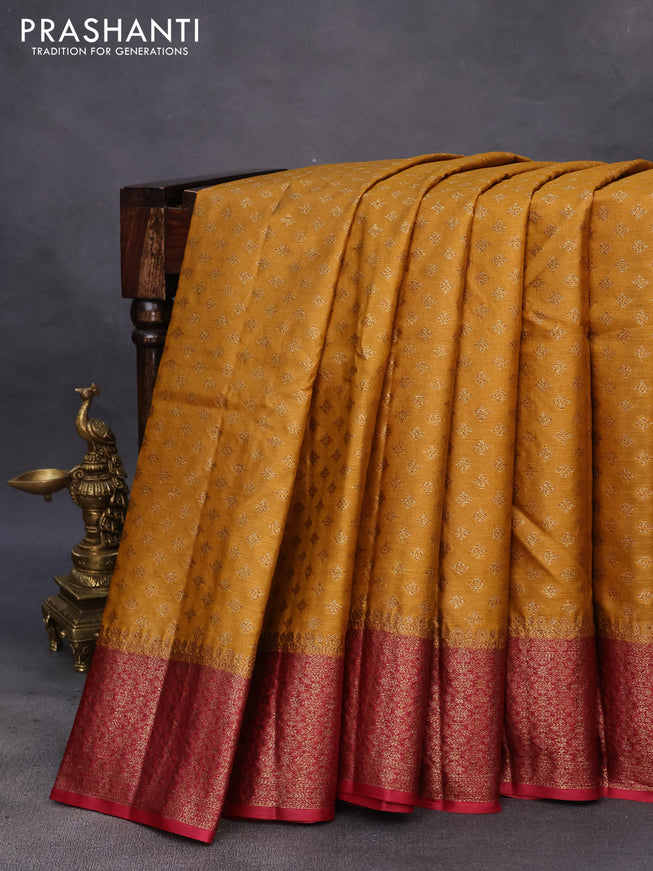 Banarasi tussar silk saree mustard yellow and maroon with thread & zari woven buttas and woven border