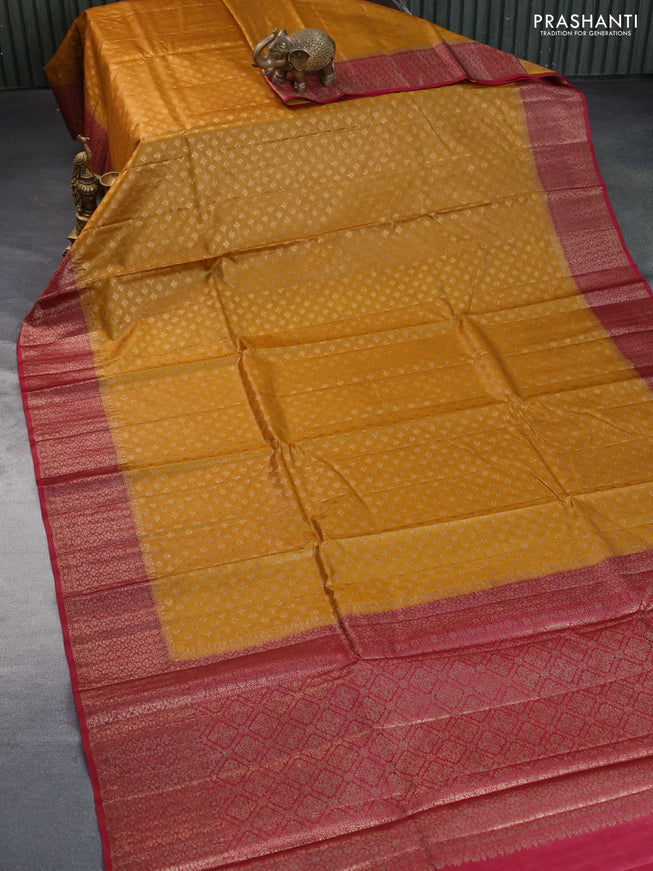 Banarasi tussar silk saree mustard yellow and maroon with thread & zari woven buttas and woven border