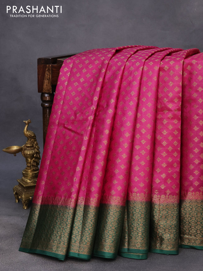 Banarasi tussar silk saree magenta pink and green with thread & zari woven buttas and woven border