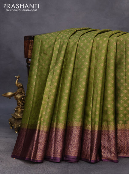 Banarasi tussar silk saree mehendi green and wine shade with thread & zari woven buttas and woven border