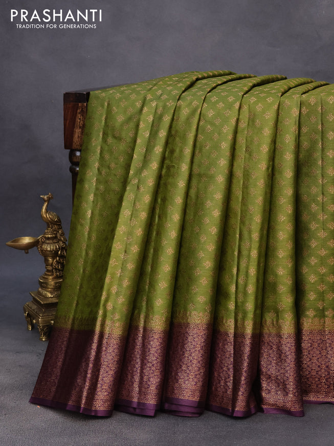 Banarasi tussar silk saree mehendi green and wine shade with thread & zari woven buttas and woven border